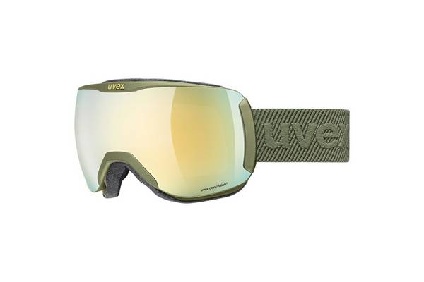 Uvex Downhill 2100 CV wintersportbril, groen, unisex, met gouden sferische lens.