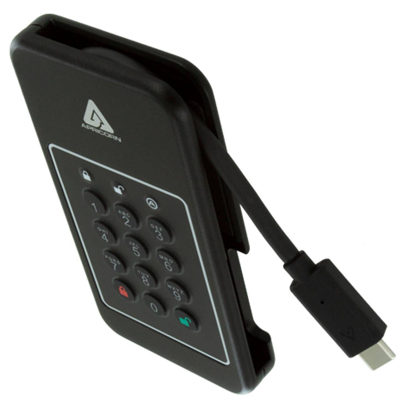 Apricorn 2TB SSD, USB 3.2 Gen.1 Type-C, 8MB buffer, 1000Mbps, AES 256 XTS, pincode-authenticatie, schokbestendig tot 150-3