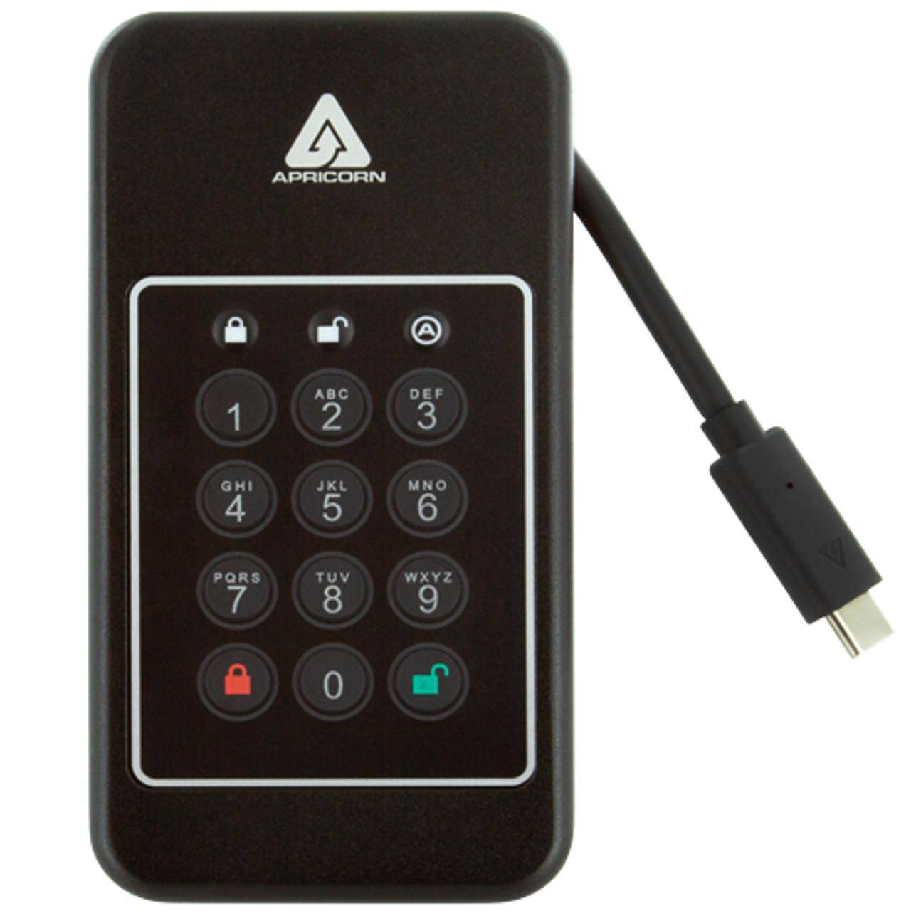 Apricorn 2TB SSD, USB 3.2 Gen.1 Type-C, 8MB buffer, 1000Mbps, AES 256 XTS, pincode-authenticatie, schokbestendig tot 150-1