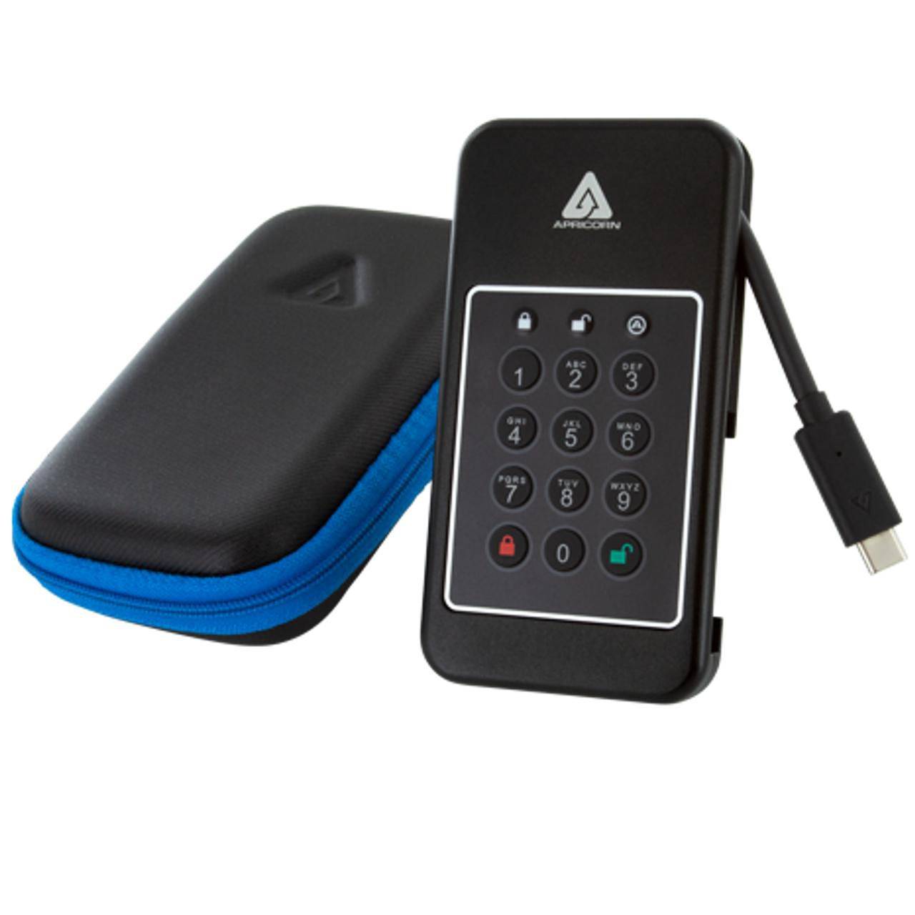 Apricorn 2TB SSD, USB 3.2 Gen.1 Type-C, 8MB buffer, 1000Mbps, AES 256 XTS, pincode-authenticatie, schokbestendig tot 150-2