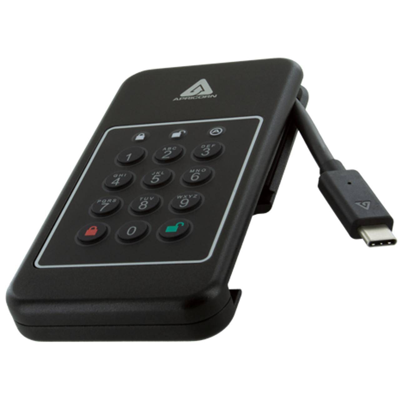 Symboolafbeelding voor Apricorn 2TB SSD, USB 3.2 Gen.1 Type-C, 8MB buffer, 1000Mbps, AES 256 XTS, pincode-authenticatie, schokbestendig tot 150