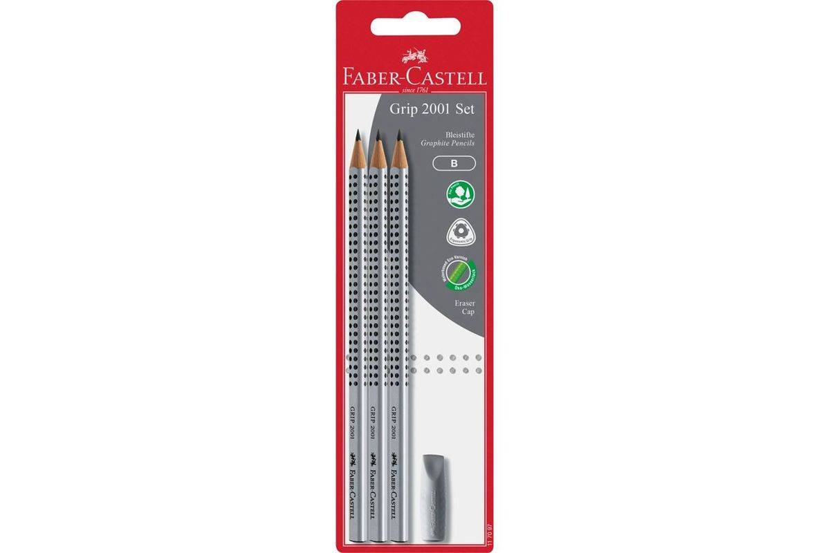 FABER-CASTELL Grip 2001 B potlood (3 stuks) + gum (zwart)-0
