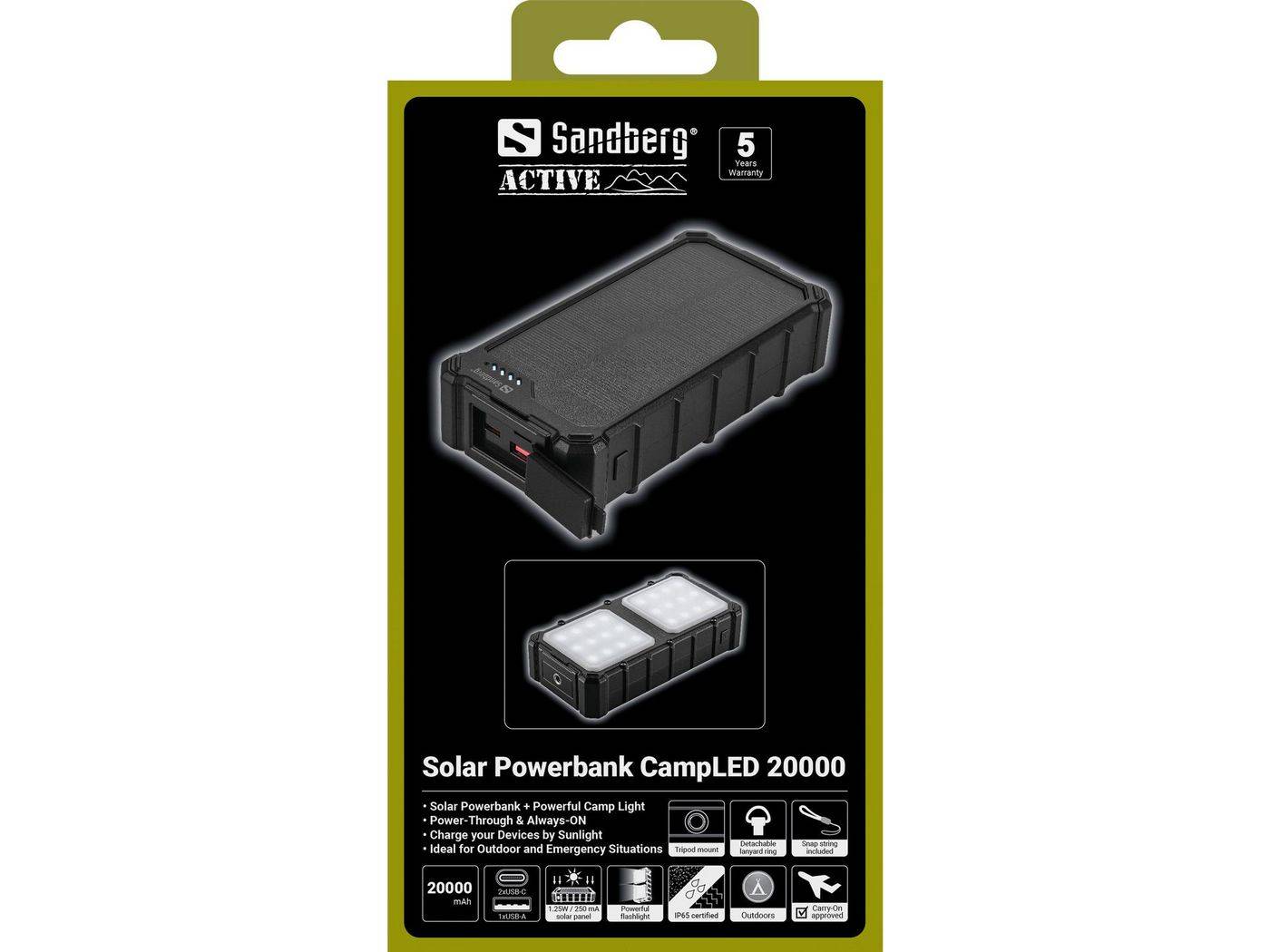 Symboolafbeelding voor Sandberg Solar Powerbank CampLED 20000mAh is gemaakt voor degenen die extra stroom nodig hebben