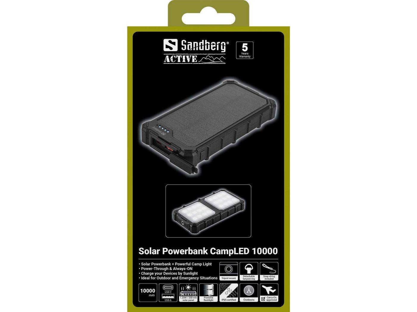 Symboolafbeelding voor Sandberg Solar Powerbank CampLED 10000mAh is je trouwe metgezel wanneer avontuur roept