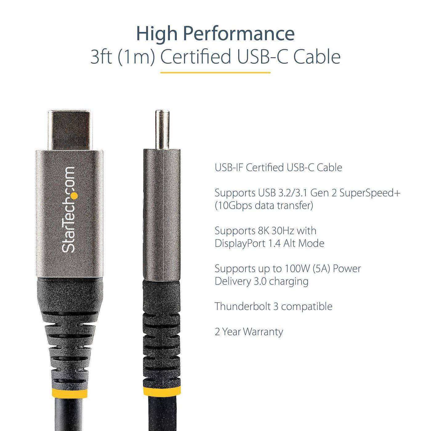 Symboolafbeelding voor StarTech.com 1 meter USB-C-kabel 10 Gbps - USB-IF-gecertificeerde USB-C-kabel - USB 3.2 Gen 2 Type-C-kabel - 100 W (5 A)