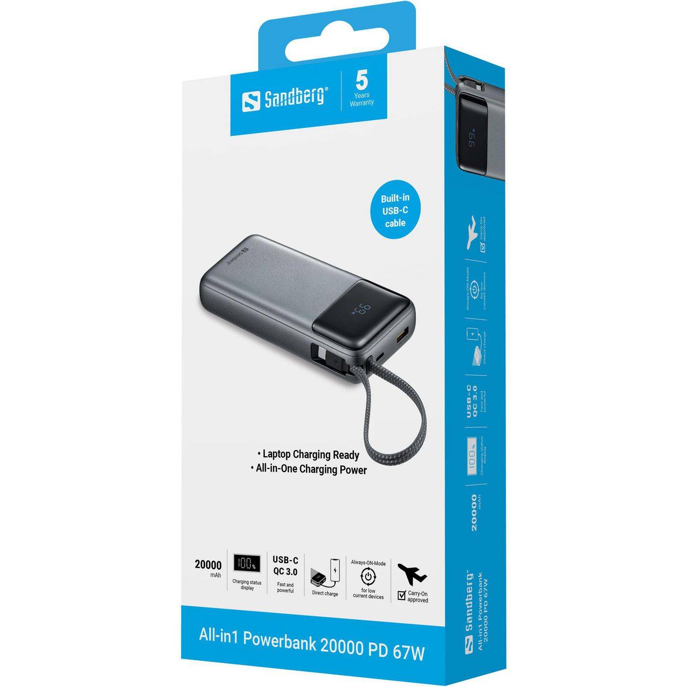 Symboolafbeelding voor Sandberg All-in1 Powerbank 20000 PD67W is je flexibele partner voor opladen onderweg