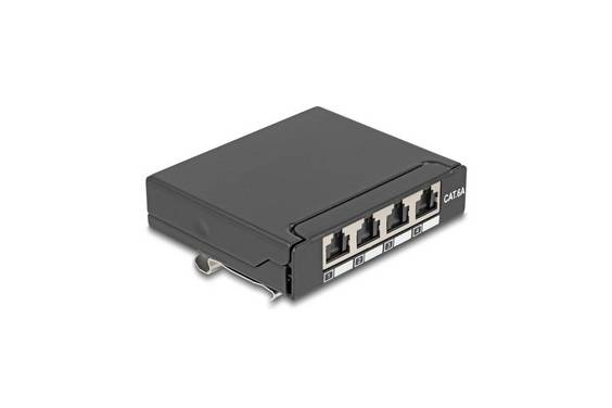 Delock Mini Desktop Patch Panel RJ45 jack 4 port Cat.6A shielded black - for mounting on a table, wall or DIN rail