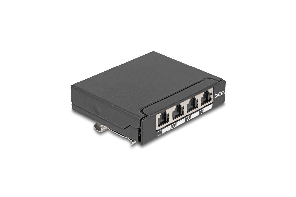 Delock Mini Desktop Patch Panel RJ45 jack 4 port Cat.6A shielded black - for mounting on a table, wall or DIN rail-0