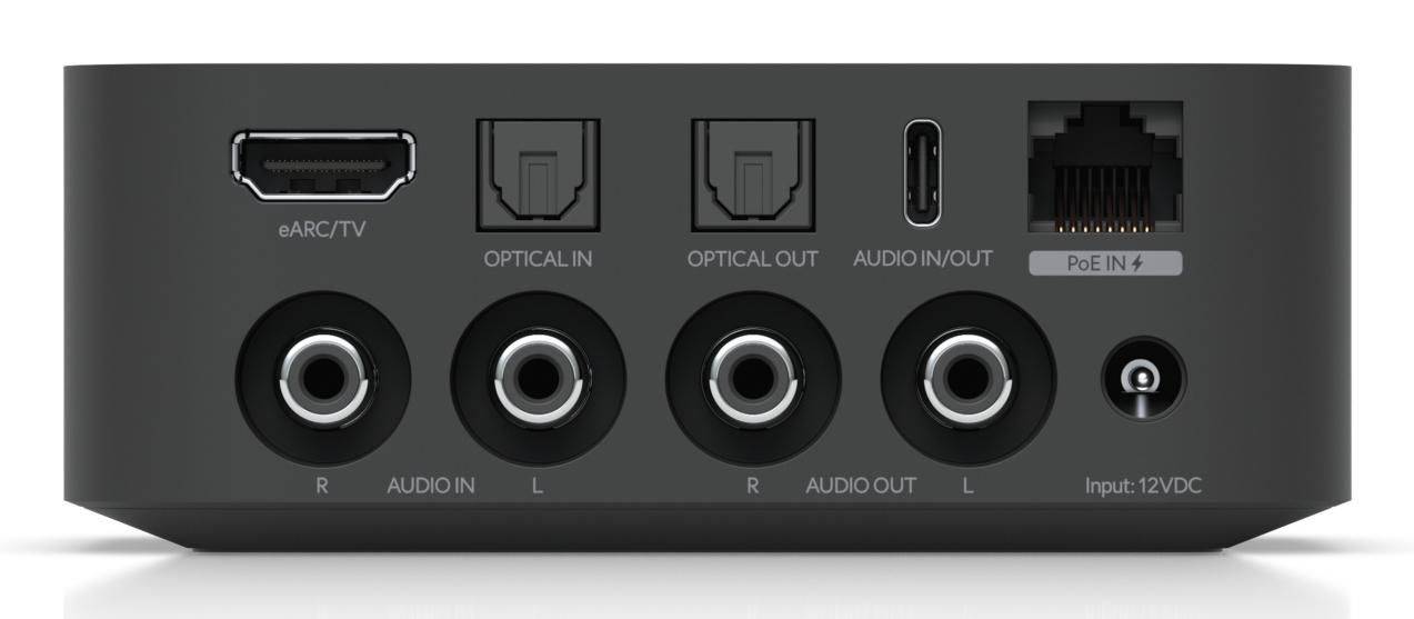 Ubiquiti PoE-audiopoort, 802.11 a/b/g/n/ac/ax, 2x RCA analoge ingang + uitgang, 1x HDMI eARC, optische in-/uitgang, USB--3