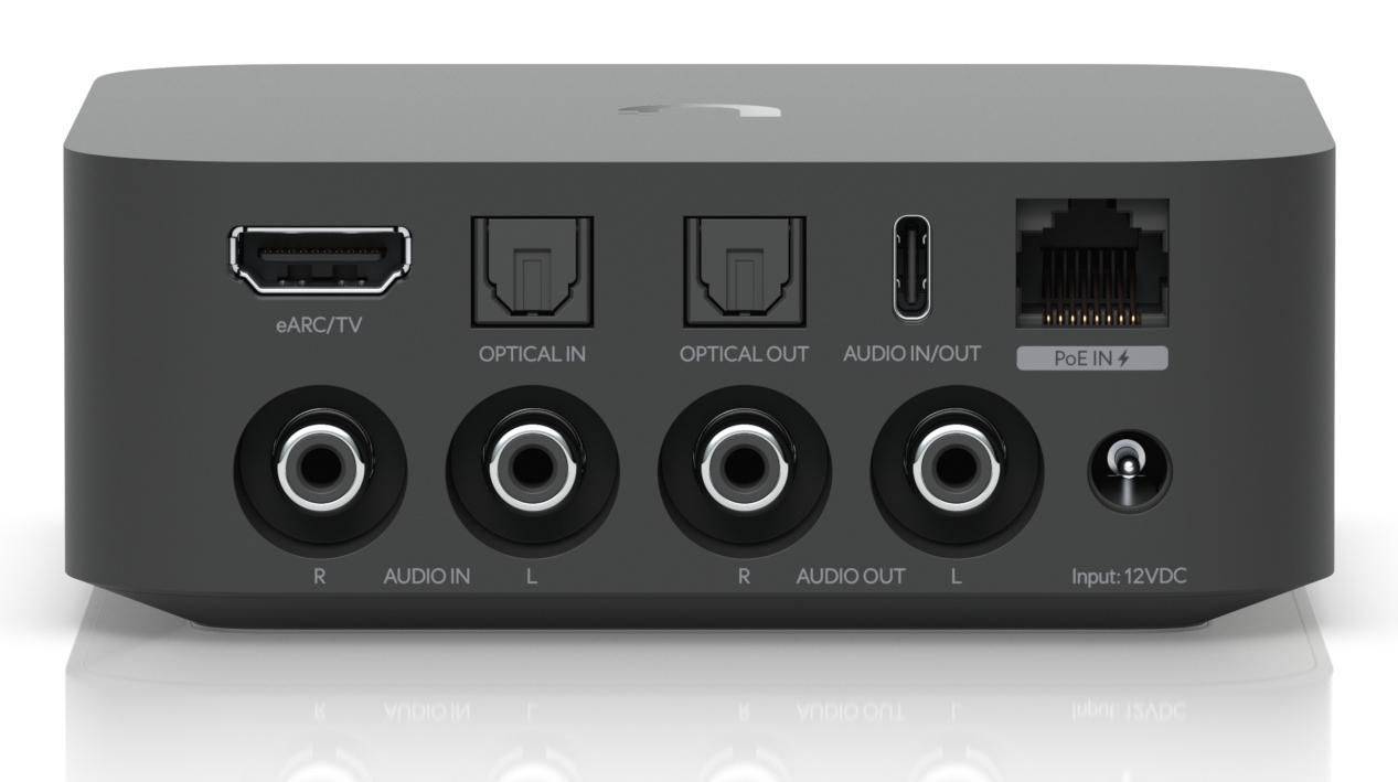 Ubiquiti PoE-audiopoort, 802.11 a/b/g/n/ac/ax, 2x RCA analoge ingang + uitgang, 1x HDMI eARC, optische in-/uitgang, USB--4