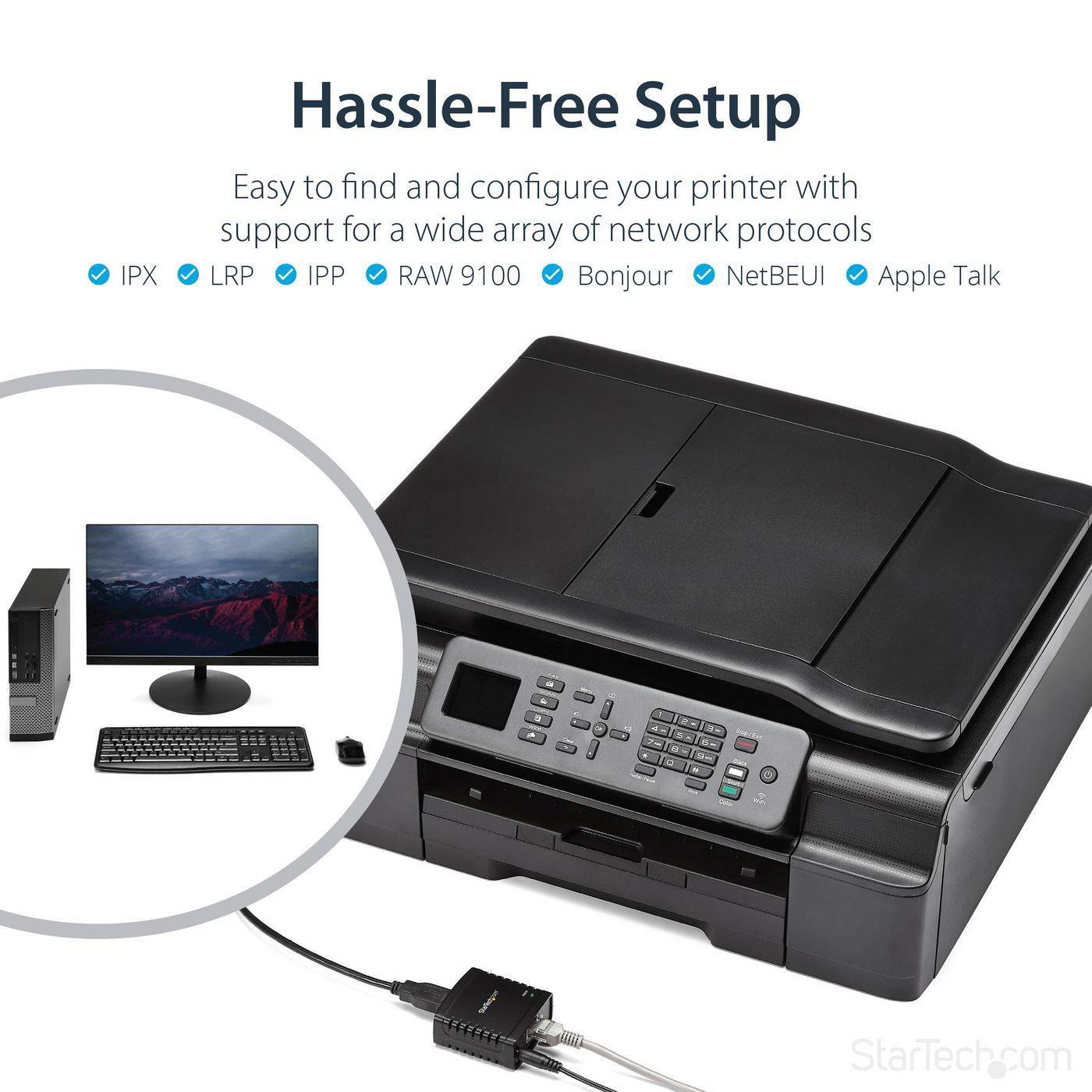 Symboolafbeelding voor StarTech.com 10/100Mbps Ethernet naar USB 2.0 netwerkprintserver - Windows 10 - LPR - LAN USB-printserveradapter (PM1115