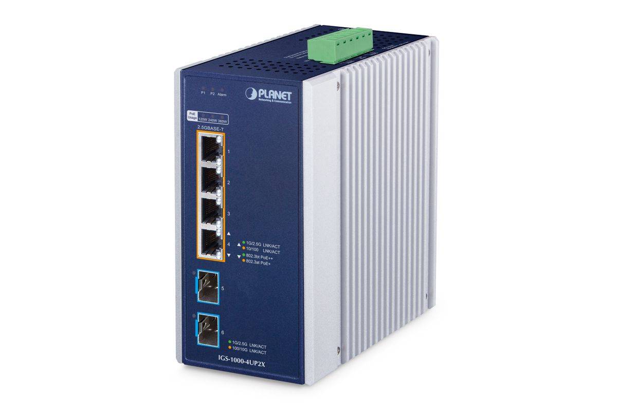 PLANET IGS-1000-4UP2X netwerkswitch 2,5G Ethernet (100/1000/2500) Power over Ethernet (PoE) aluminium, blauw-0