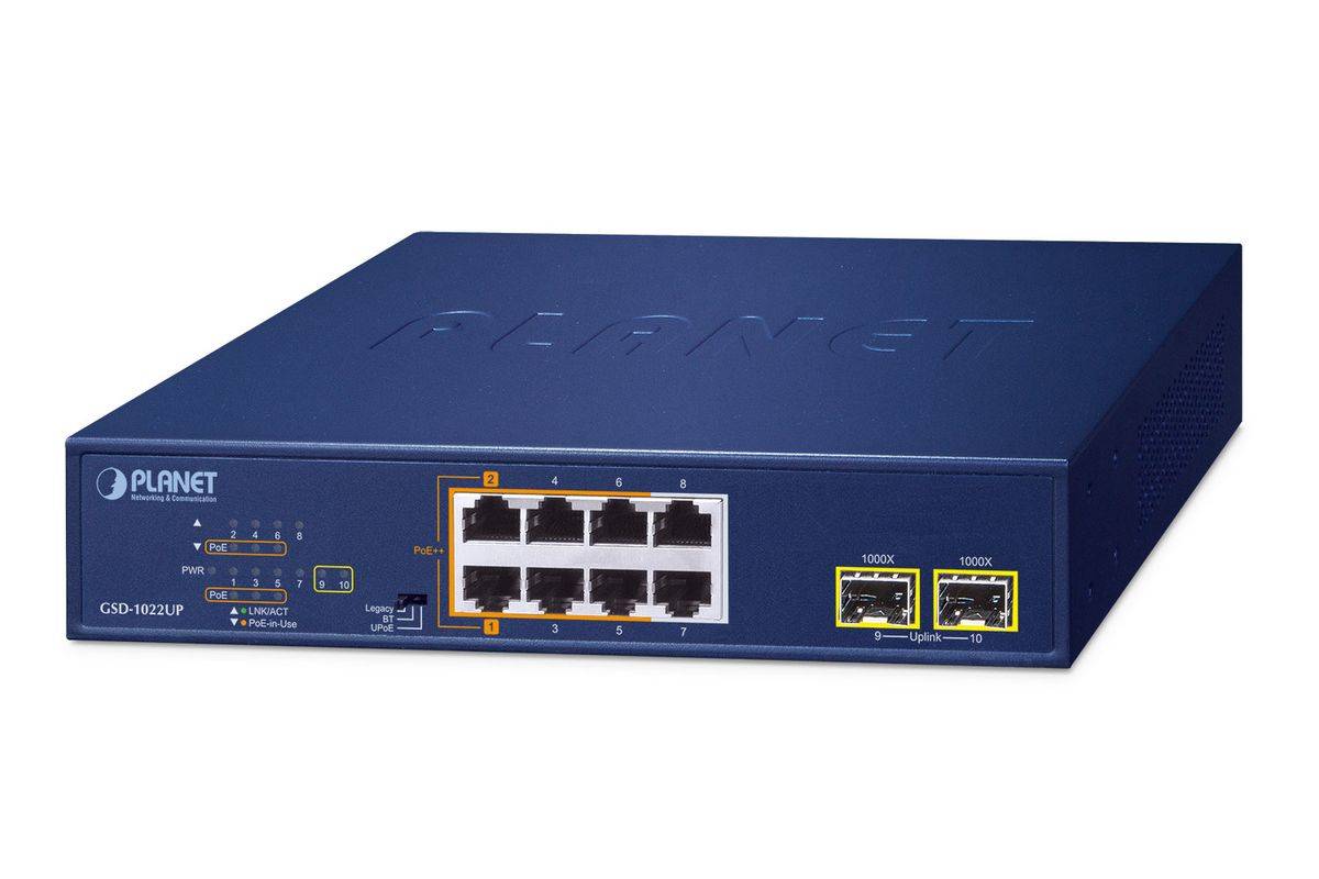 PLANET 2-poorts 10/100/1000T 802.3bt onbeheerde Gigabit Ethernet (10/100/1000) Power over Ethernet (PoE) Blauw-0