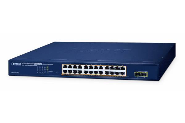 PLANET 24-poorts 10/100/1000T 802.3at PoE + 2-poorts 1000X SFP Web Smart Ethernet-switch (260W PoE-budget, 802.1Q VLAN,