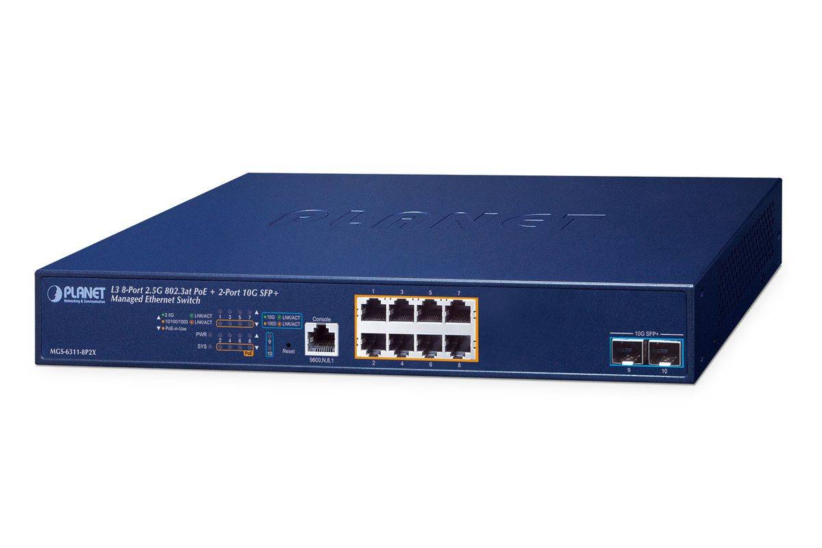 PLANET Layer 3, 8-poorts 2.5GBASE-T beheerde L3 2.5G Ethernet (100/1000/2500) Power over Ethernet (PoE) 1U Blauw-0