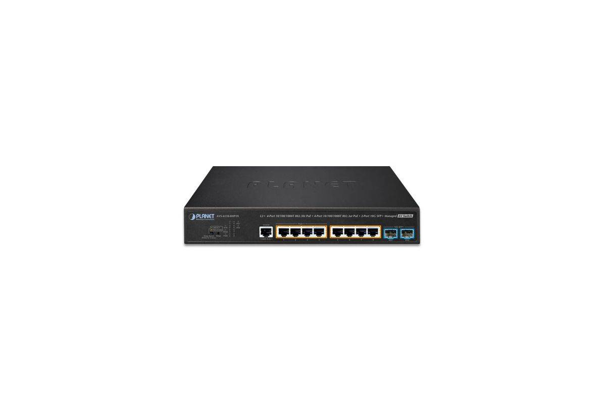 PLANET L2+ 4-poorts 10/100/1000T 802.3bt PoE + 4-poorts 10/100/1000T 802.3at PoE + 2-poorts 10G SFP+ beheerde AV-switch-1