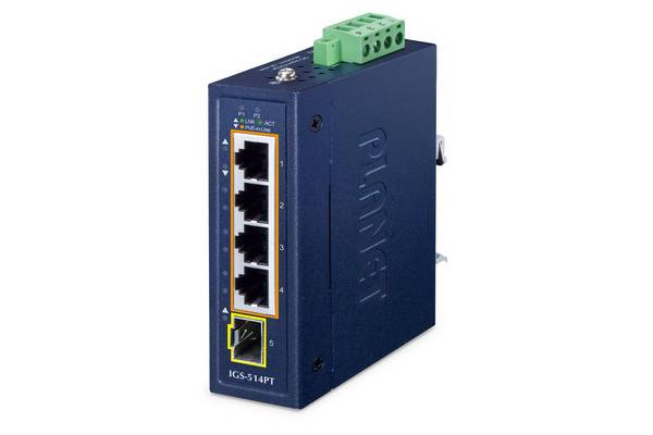 PLANET IP30 Compact formaat 4-poorts IGS-514PT Onbeheerde Gigabit Ethernet (10/100/1000) Power over Ethernet (PoE) Blauw