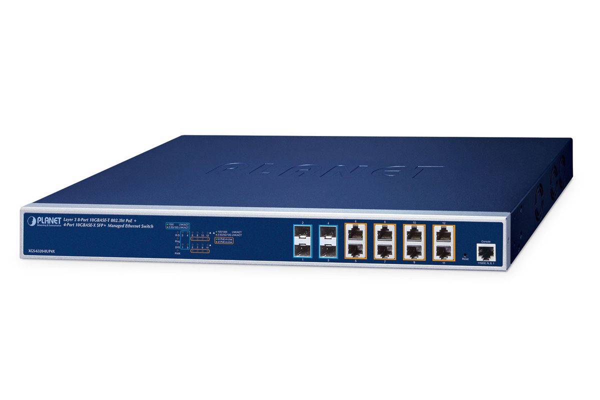 PLANET Layer 3 8-poorts 10GBASE-T 95W beheerde L3 10G Ethernet (100/1000/10000) Power over Ethernet (PoE) 1U Blauw-0