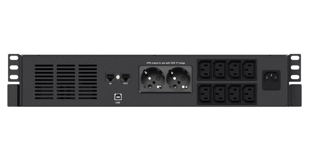 Infosec Line Interactive UPS 1000 VA 8 IEC-uitgangen - 2 FR/SCHUKO-uitgangen -- 2 jaar garantie ---2