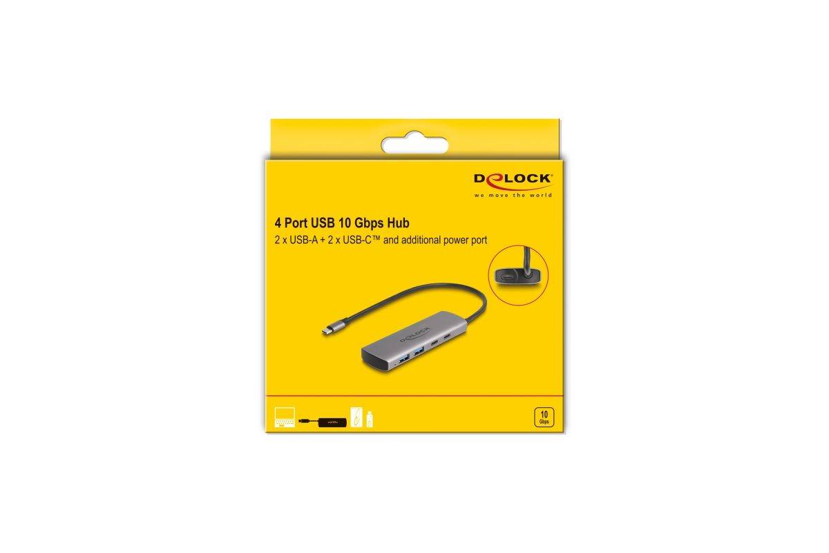 Delock USB 10 Gbps 2 Port USB Type-A + 2 Port USB Type-C™ Hub with USB Type-C™ connector and additional power port-1
