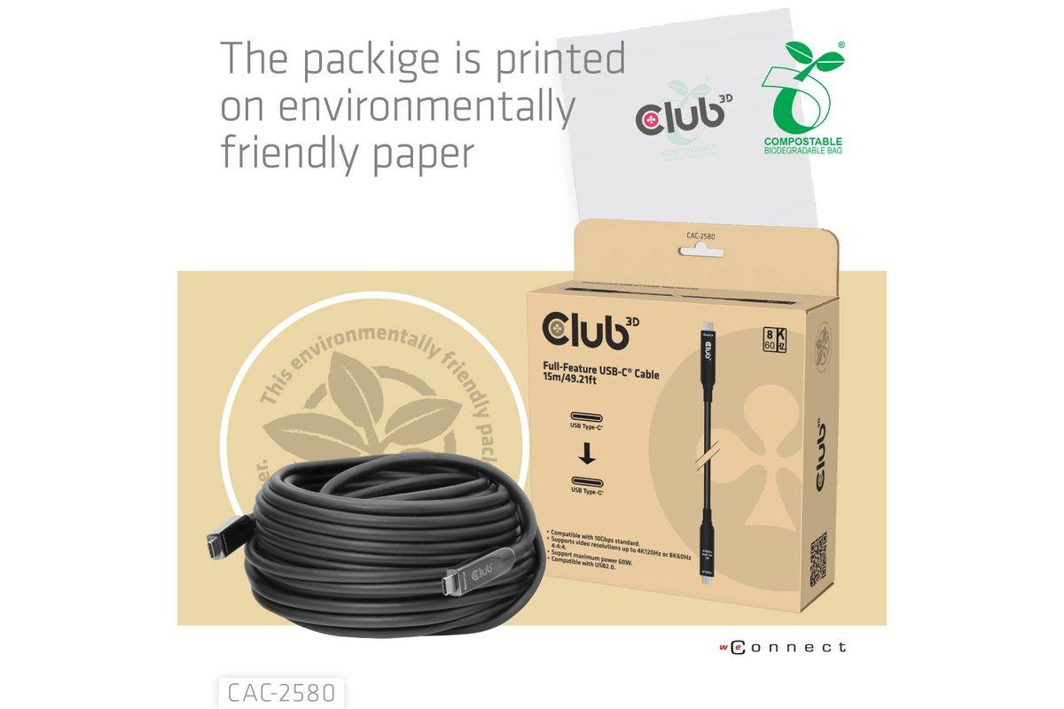 CLUB3D 15M Full Feature USB-C®-kabel / 49,21ft 8K60Hz 10Gbps 60W-1