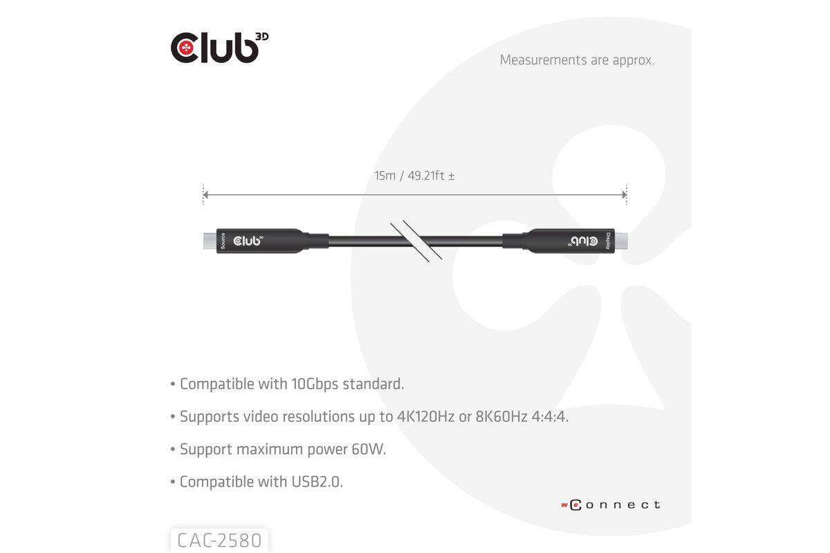 CLUB3D 15M Full Feature USB-C®-kabel / 49,21ft 8K60Hz 10Gbps 60W-2