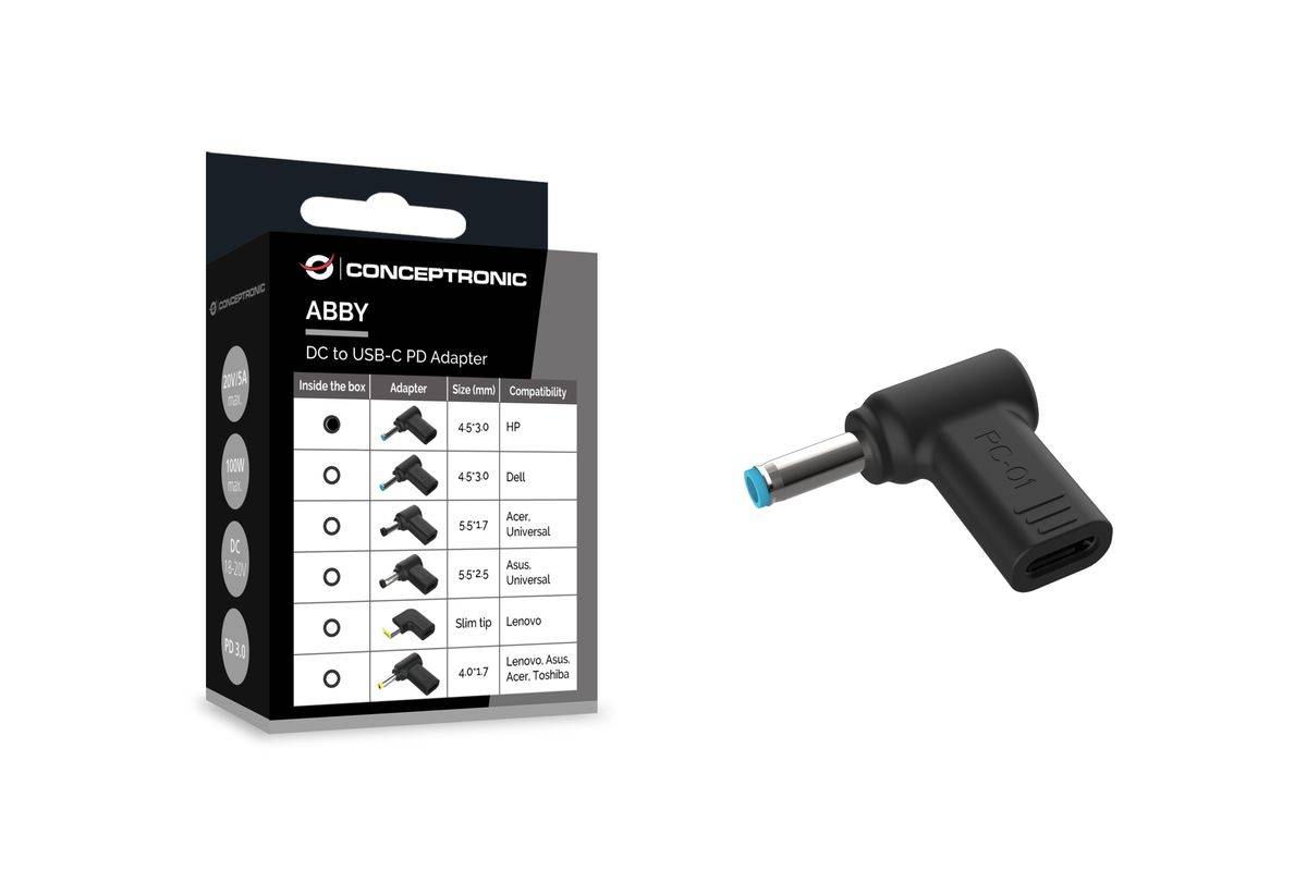 CONCEPTRONIC USB-C PD100W->HP 4,5x3,0mm Adapter 18-20V schakelaar-1