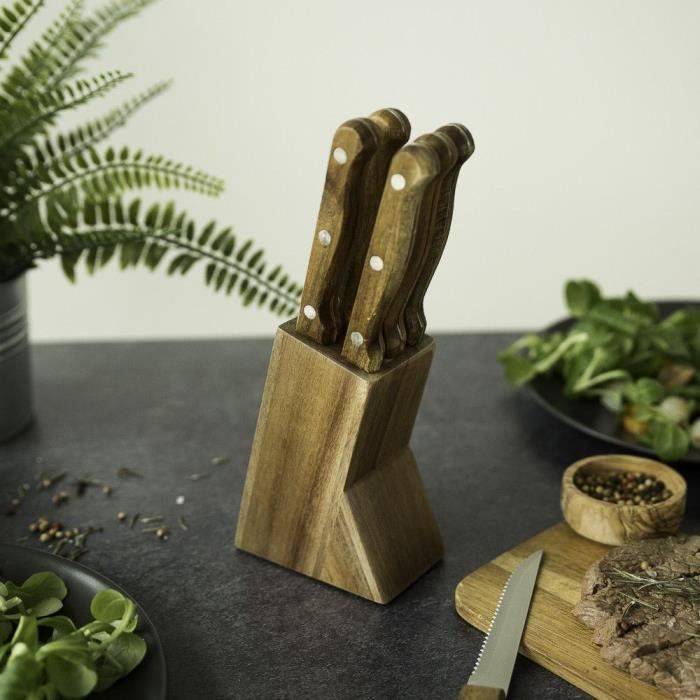 LIVOO Steakmessen Set - 6 Messen met standaard - 11 cm - RVS - Acaciahouten handvat MEC133-1