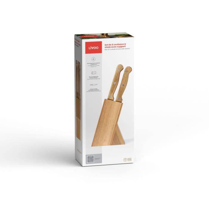 LIVOO Steakmessen Set - 6 Messen met standaard - 11 cm - RVS - Acaciahouten handvat MEC133-4