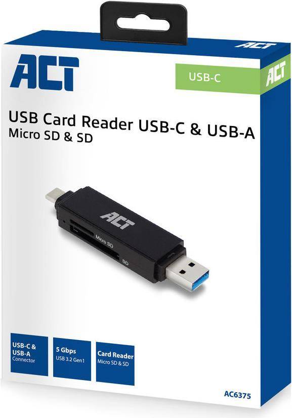 ACT AC6375 USB 3.2 Gen1 Kaartlezer - MicroSD/SD - Zwart - 5000 Mbit/s-0