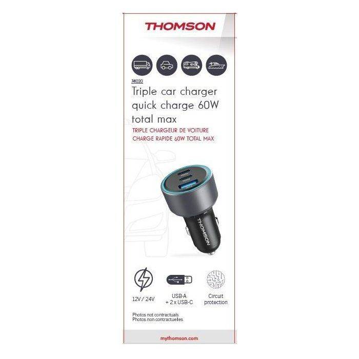 THOMSON Autolader - 12/24V - 60W - 2x USB-C PD 30W + USB-A QC 3.0 18W - Overvoltage, Overcurrent, Kortsluitbeveiliging-1