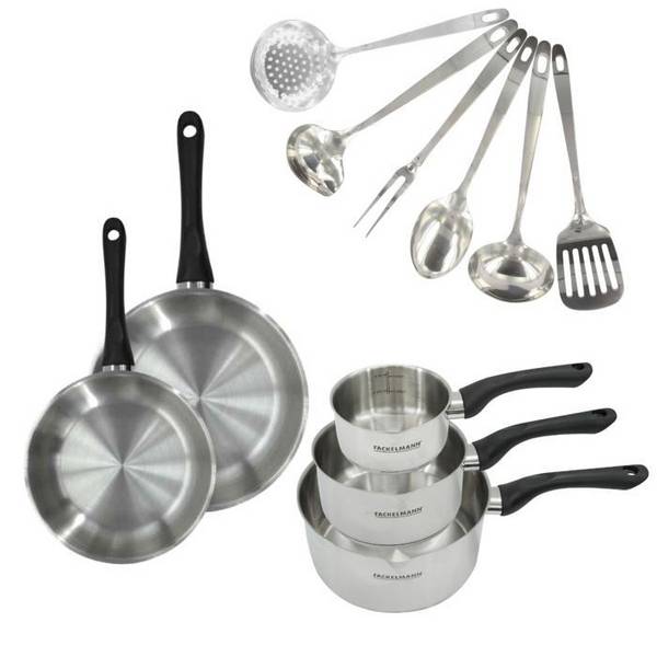 FACKELMANN Geneva Kookset - RVS - 2 Koekenpannen (20 cm en 24 cm), 3 Sauspanen en 6 Keukengerei - Geschikt voor Alle Hob