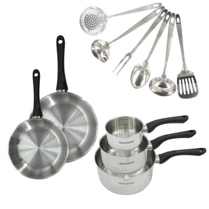 FACKELMANN Geneva Kookset - RVS - 2 Koekenpannen (20 cm en 24 cm), 3 Sauspanen en 6 Keukengerei - Geschikt voor Alle Hob-0