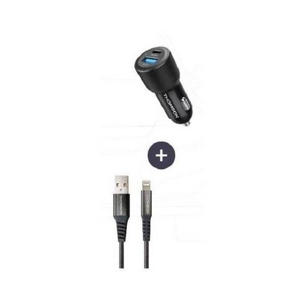 THOMSON Autolader en Kabelset - 12/24V 60W Autolader + Hoogwaardig 3A A naar L Kabel - 1,50 m