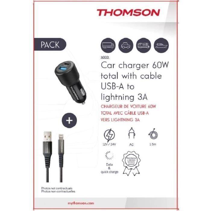THOMSON Autolader en Kabelset - 12/24V 60W Autolader + Hoogwaardig 3A A naar L Kabel - 1,50 m-1