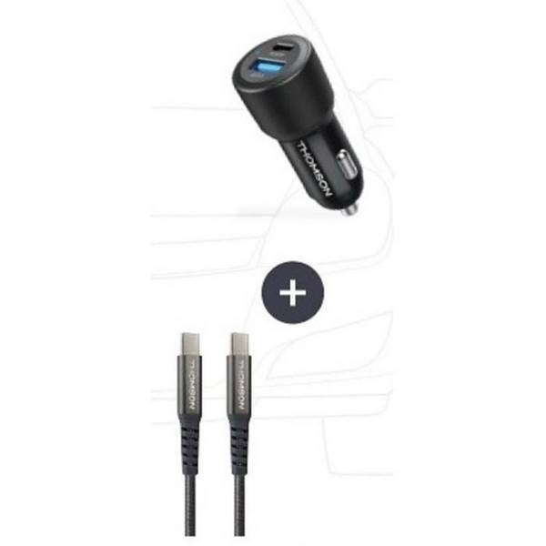 THOMSON Autolader en Kabelset - 12/24V 60W Autolader + Hoogwaardig 65W C naar C Kabel - 1,50 m