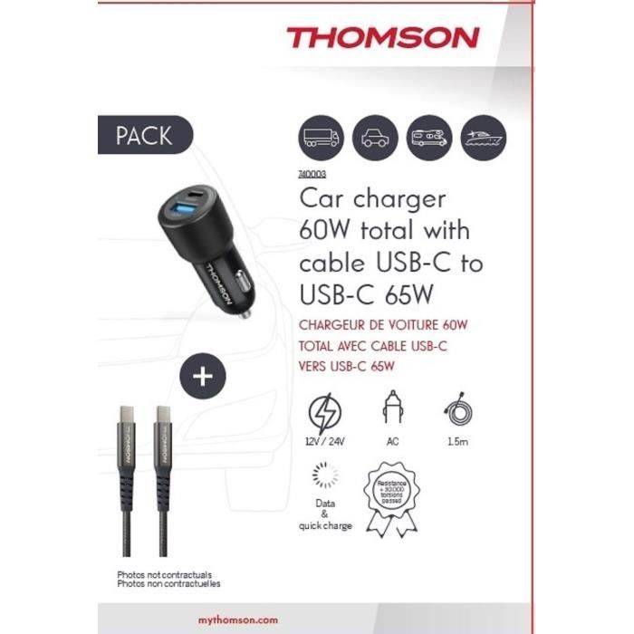 THOMSON Autolader en Kabelset - 12/24V 60W Autolader + Hoogwaardig 65W C naar C Kabel - 1,50 m-2