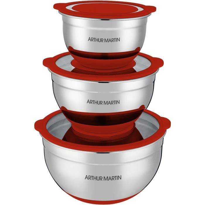 ARTHUR MARTIN Saladeschaal Set - 16-20-24 cm - Luchtdichte Deksels - RVS - Antislip Siliconen Basis-0