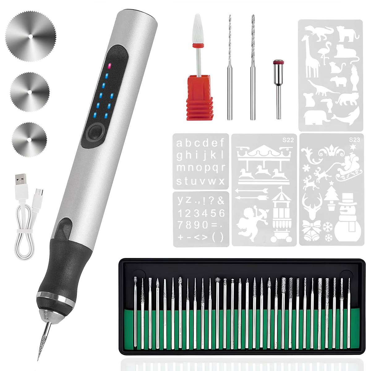 Graveerpen Draadloos - Elektrische Graveerset XXL - Complete set - 30+ Frezen, Zaagbladen, Bitjes, Sjablonen - USB-2