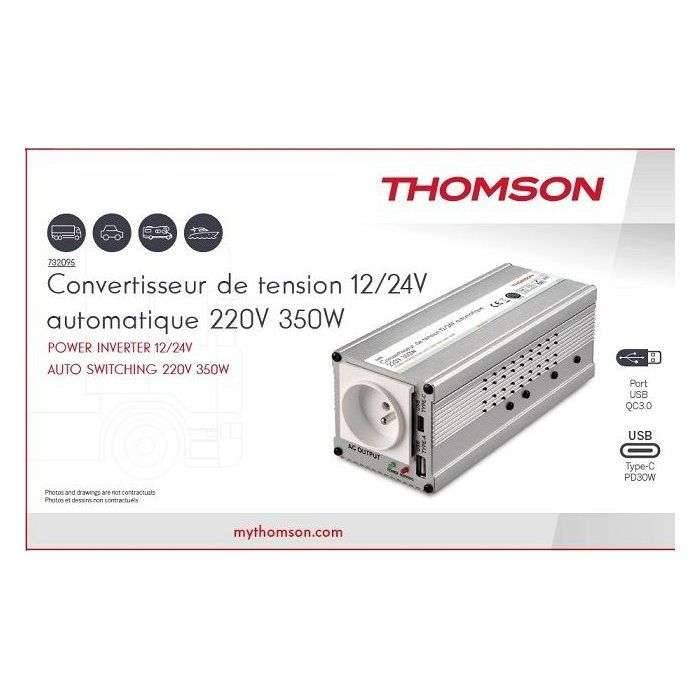 Spanningsomvormer - THOMSON - Auto 12/24/220 V - 350 W - USB-A + USB-C poorten-1
