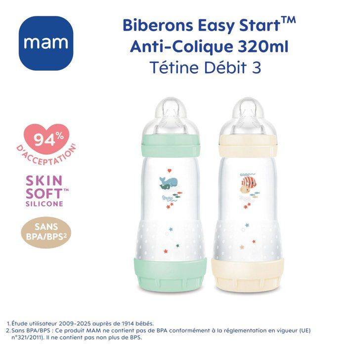 Set van 2 MAM Easy Start Classic Antikolk Flessen 320 ml Mint + Katoen-3