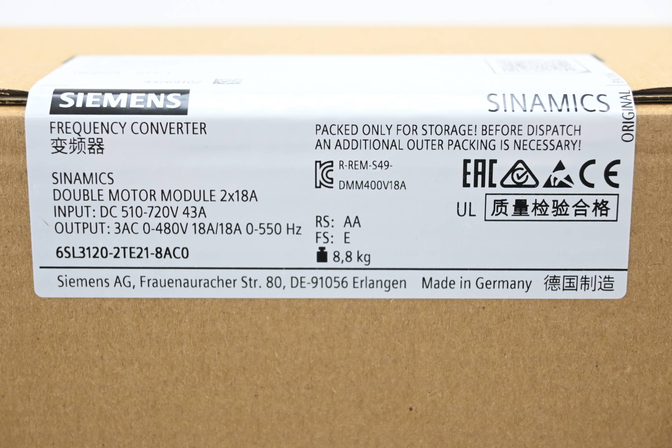 SINAMICS S120 Dubbel Motor Module Ingang: DC 600V Uitgang: 3AC 400V, 18A/18A-1