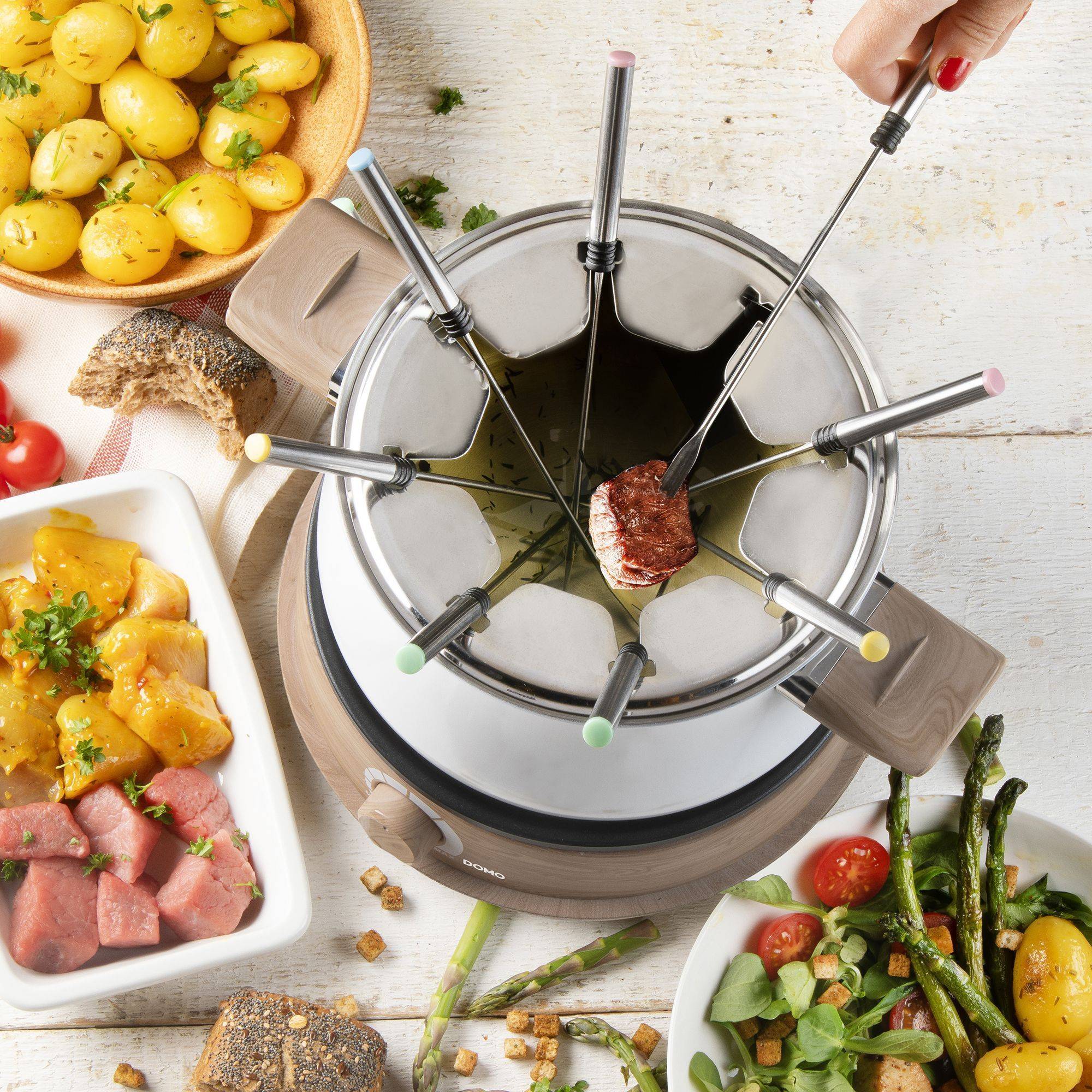 DOMO DO736F Fondue Set - 1500W - 2 L - Voor 8 Personen - Wit/Hout-2