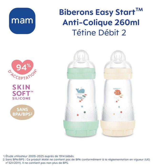 Set van 2 MAM Easy Start Classic Antikolk Flessen 260 ml Mint + Katoen-3