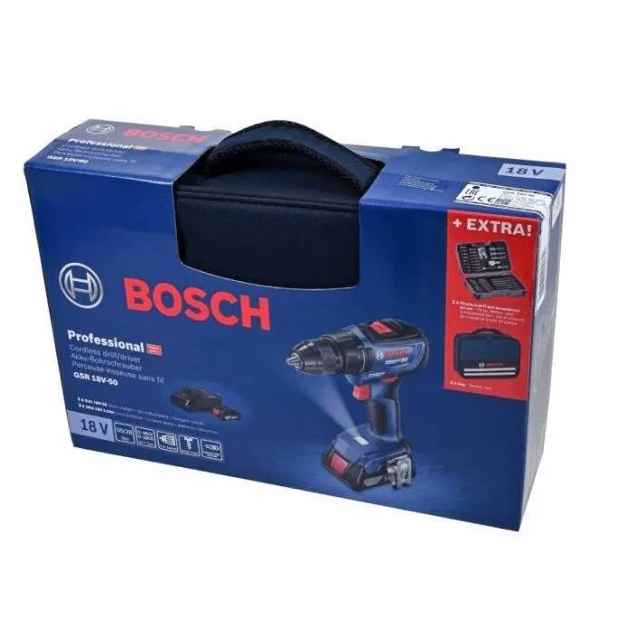 Bosch Professional GSR 18V-50 Accuboormachine + 2 x 2,0Ah Accu's + GAL 18V-20 Lader + 43 Accessoires + Draagtas-1