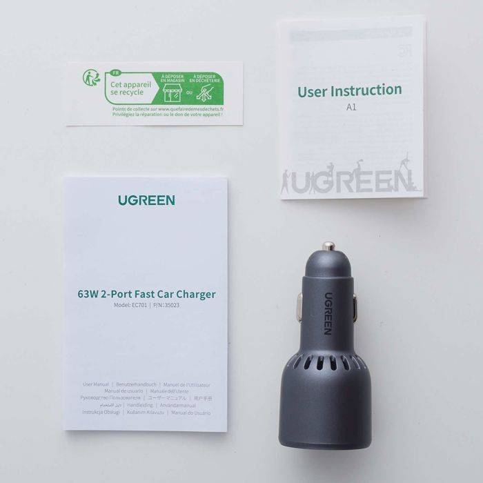 UGREEN Autolader - 1x USB-C + 1x USB-A - 63W - Grijs-1
