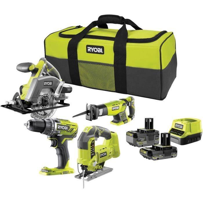 RYOBI 4-Gereedschappen Set: 1 Boor/Schroefmachine + Decoupeerzaag + Cirkelzaag + Reciprozaag + 2 Batterijen + Oplader 4--0