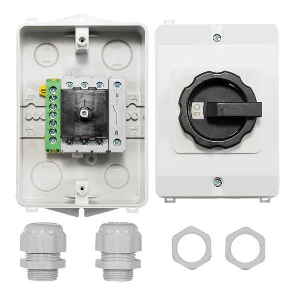 Werkschakelaar PV/AC 25A 4P+aardklem+wartels opb IP65 - grijs