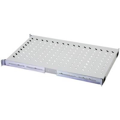 Metalen rek met perforaties, bevestigd aan zijdelingse rails, geschikt voor montage in een rack.