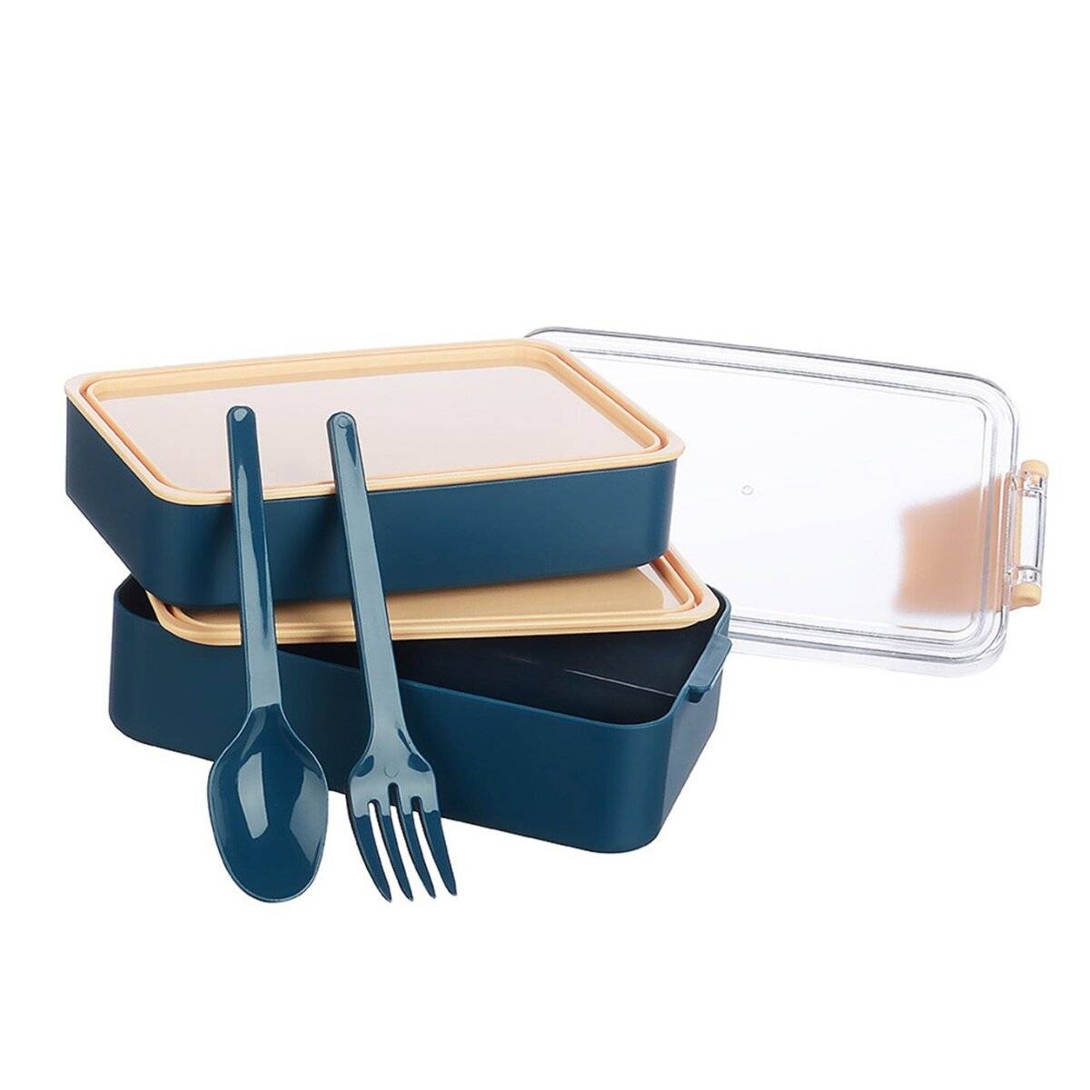 Lunchbox met 4 compartimenten en bestek - lunchbox voor school en kantoor, donkerblauw-roze-0